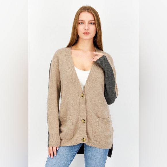 Two-Tone Beige and Gray Women's Cardigan Sweater - Picture 1 of 5